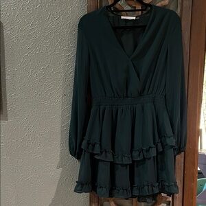 Long-Sleeve Dark Green Ruffle Tiered Dress